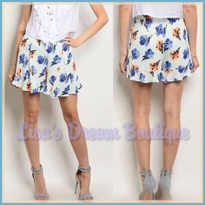 Final Sale | Pale Blue Floral Lined Ruffled Hem Pleated Shorts